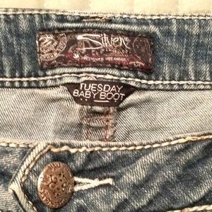 Silver distressed baby bootcut jeans